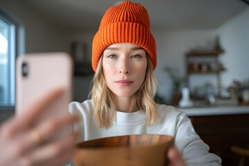 Woman in orange beanie holds wooden bowl while filming with her smartphone