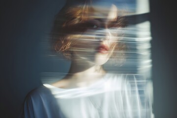 Abstract portrait of a woman with red hair and red lipstick with smeared lines