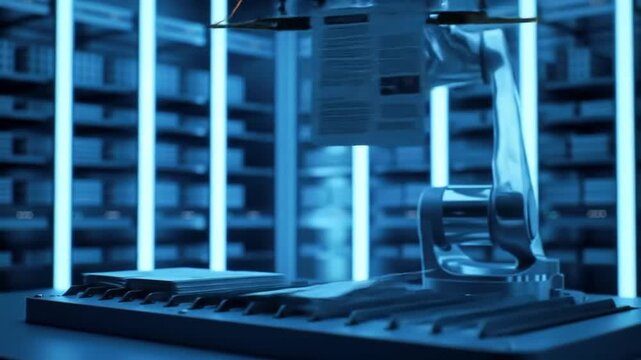Automated Robotic Arm Sorts Documents In A Bright Blue Futuristic Storage Facility