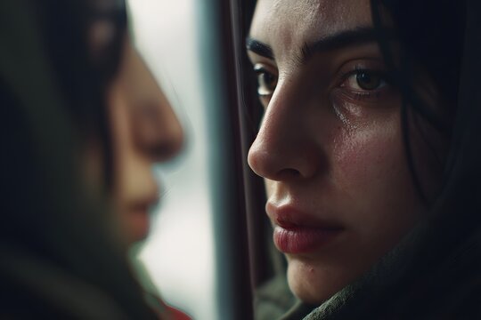 Contemplative woman with dark hair and head covering gazes intensely at her own reflection