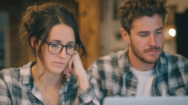Concentrated Young Couple Working Together on a Laptop in a Cozy Cafe Setting with Focused Expressions