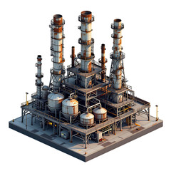 Industrial oil refinery complex with tall stacks and storage tanks