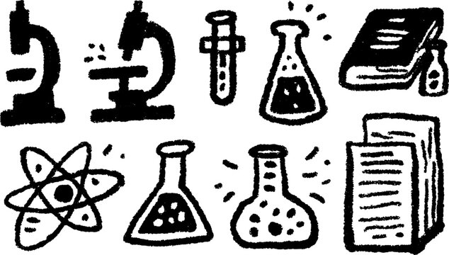 Science lab tools: flask, book, and atom illustrated in a hand-drawn style. A black and white vector illustration set.