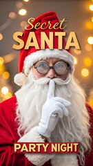 Secret santa party night poster with santa claus asking for silence