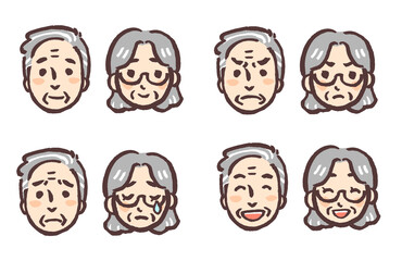 おじいさんとおばあさんの喜怒哀楽顔イラストセット