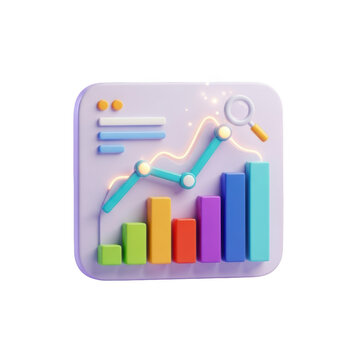 3D icon of a financial dashboard with bar chart line graph and magnifying glass data analytics