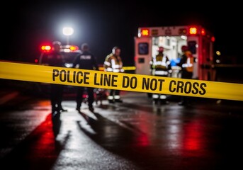 Emergency response team at a nighttime scene with police line in view