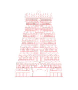 Detailed line art illustration of Rameshwaram temple architecture showcasing Indian heritage design