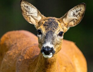 Close-up of deer with captivating eyes, soft fur, and alert expression