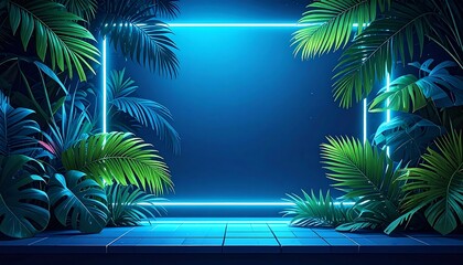 Tropical foliage frames a luminous blue rectangle above tiled platform, offering a vibrant neon glow and lush scenery