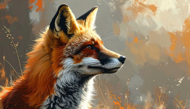 A vibrant digital painting shows a red fox in profile against a blurred autumn background. The fur detail is exquisite - Powered by Adobe