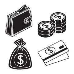 Set of four black and white icons representing money and finance