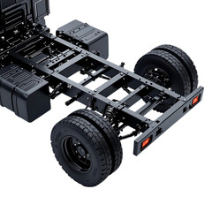 Detailed view of a heavy duty truck chassis and wheels