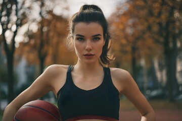 Confident young woman holds basketball in a park with autumn colors