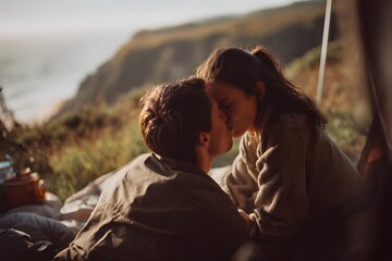 Romantic couple sharing a kiss in a tent with a scenic view in the background