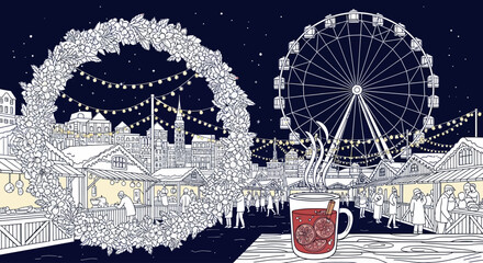 Elegant Winter Market Vector Elements with festive lights wreath and ferris wheel for city branding