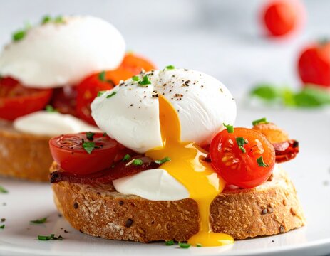 Close-up of eggs benedict, halved tomatoes, and fresh herbs on toast