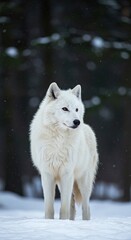 Obraz premium A majestic white wolf stands alert in a pristine winter landscape, its thick fur blending seamlessly. Wild beauty and untamed spirit ,wilderness ,solitary ,serene