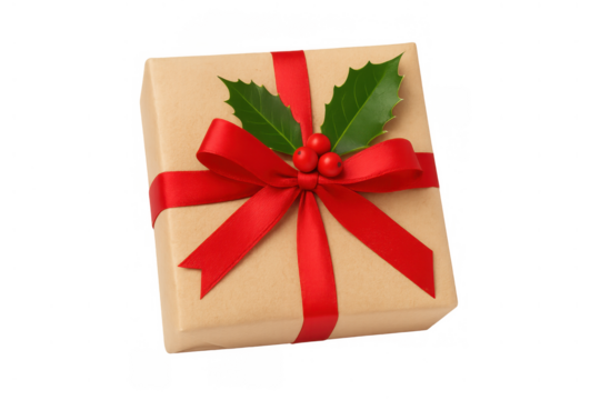 Christmas gift box displaying red ribbon bow and green holly leaves, presenting holiday season greetings on transparent background