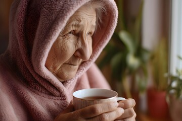 Thoughtful senior woman drinking tea in a cozy environment near the window