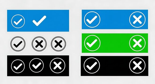 Confirm or deny choices with vibrant checkmarks and crossmarks in blue, green, and black for websites and user interfaces needing clear feedback