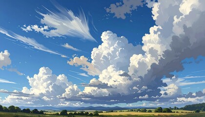A vibrant, expansive depiction of a sunny, open sky filled with fluffy cumulus and wispy cirrus clouds over rolling fields