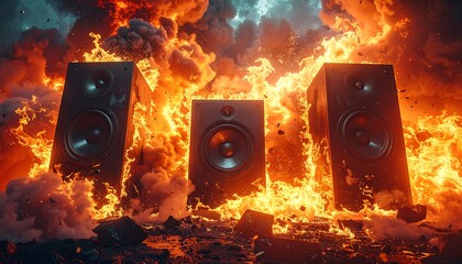 Three speakers surrounded by intense flames and billowing smoke, creating a dramatic, high-energy scene