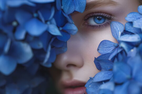 Eye of the beholder surrounded by beautiful blue hydrangea flowers