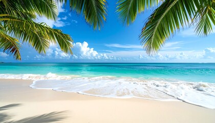 Tropical paradise view, beach sand, turquoise water, gentle waves & palm leaves against a blue sky with clouds