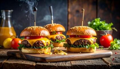 Three stacked burgers sit on a wooden board, steam rising, with juice, tomatoes, and greens in the background