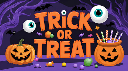 Highly detailed Halloween celebration vector scene featuring trick or treat text eyeballs pumpkin and a candy pot with surreal lighting and soft shading
