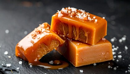 Three stacked caramels on slate, with sea salt flakes and sauce drip