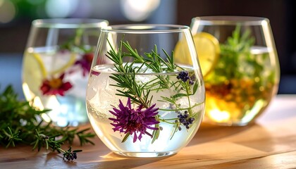 Three stemless glasses of iced drinks with lemon, rosemary, and purple flowers on a wooden surface with bokeh background