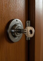Fototapeta premium A metal key begins to turn within a classic lock cylinder, securely set into a sturdy wooden door panel. This action signifies access and security ,journey ,mechanism ,choice