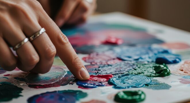 Person's fingertip touches vibrant colored pigments mixed on a flat surface