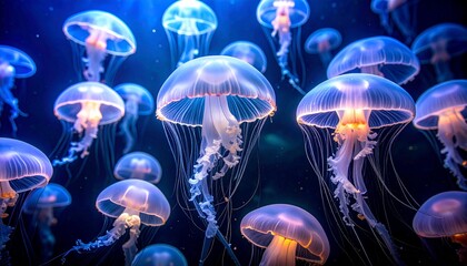 jellyfish deep underwater, translucent bodies glowing, 