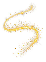 Sparkling golden glitter swirl trail with glowing bursts, isolated on white, perfect for magical, festive, or celebratory design projects.