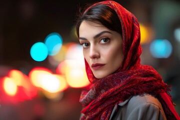 Portrait of a woman with a red headscarf at night against a background of blurred street lights