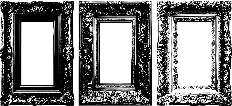Elegant vintage frames in black design. Set of detailed vector illustrations showcasing classic art decor for artwork display.