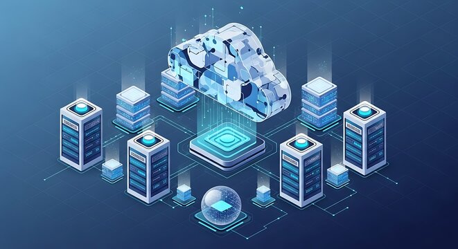 Isometric illustration of cloud computing network with servers and data transfer concept design