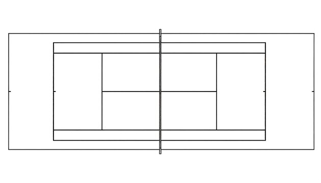 Top-down view of a tennis court schematic; basic layout with net, service boxes, and lines for gameplay boundaries