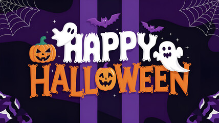 Highly detailed vector banner featuring spooky gothic happy halloween text on a dark purple gradient background with surreal lighting and soft shading effects
