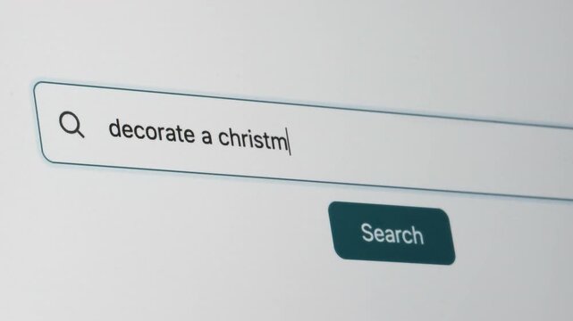 Decorate a Christmas Tree Search on Search Engine. Close Up Shot of Typing Search Term in Search Box on Web Page on Computer Screen. Real Time 4K.