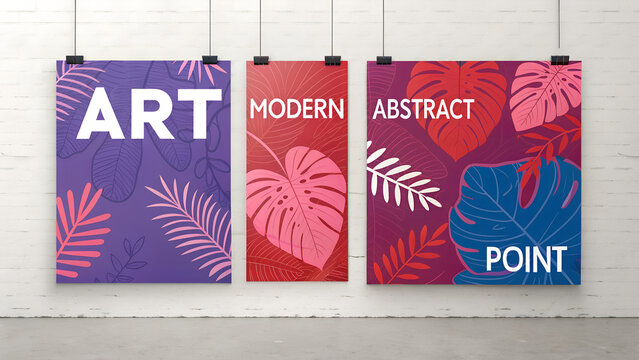 A vibrant set of four abstract vector posters featuring bold, colorful leaf designs and modern typography. Each poster highlights different dates and times for art and design events