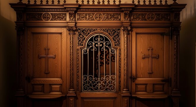 Beautiful antique wooden confessional booth with ornate carvings and crosses, illuminated softly in a traditional church interior.