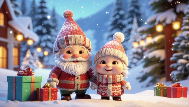 Cute 3D rendered gnome couple wearing festive knitted sweaters and pom-pom hats surrounded by wrapped gifts in magical winter wonderland with glowing lights and snow.
