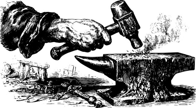 Hand with hammer striking the anvil. Vintage vector illustration capturing craftsmanship and tools in a workshop set.