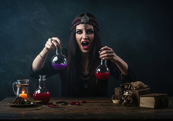 A mysterious, ancient sorceress, eyes gleaming with dark power, brews a potent potion amidst eerie fog and mystical artifacts ,gothic ,eyes ,enchantment