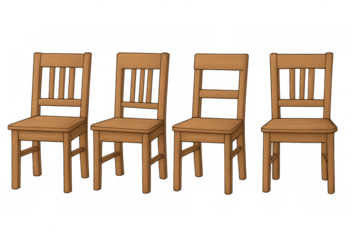 Four simple wooden chairs with slat backs in an illustrative style, lined up, ready for seating in dining areas. Transparent background