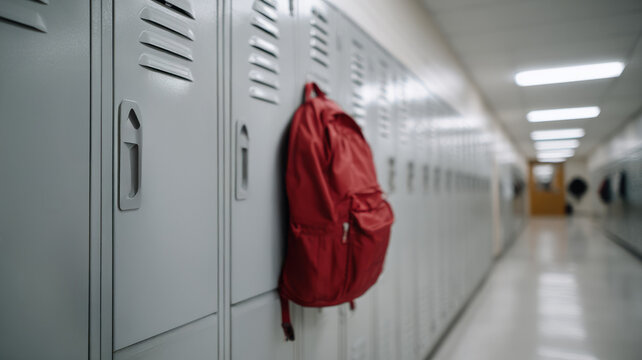 Red backpack hanging on school locker in empty hallway.